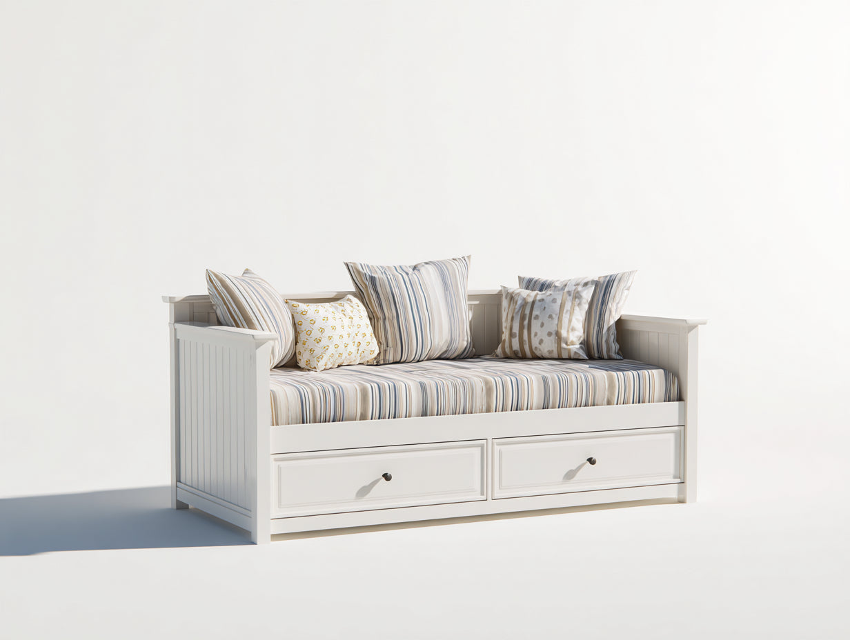 Canapé lit - bois massif-tissu - 206x91x85 cm - blanc-beige-bleu - côtier