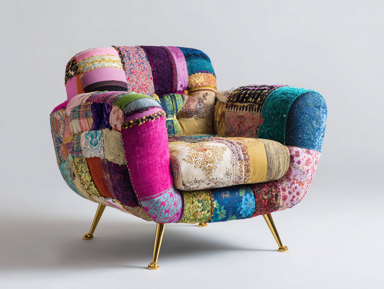 Fauteuil-tissu-métal-102x88x86 cm-multicolore-style patchwork contemporain