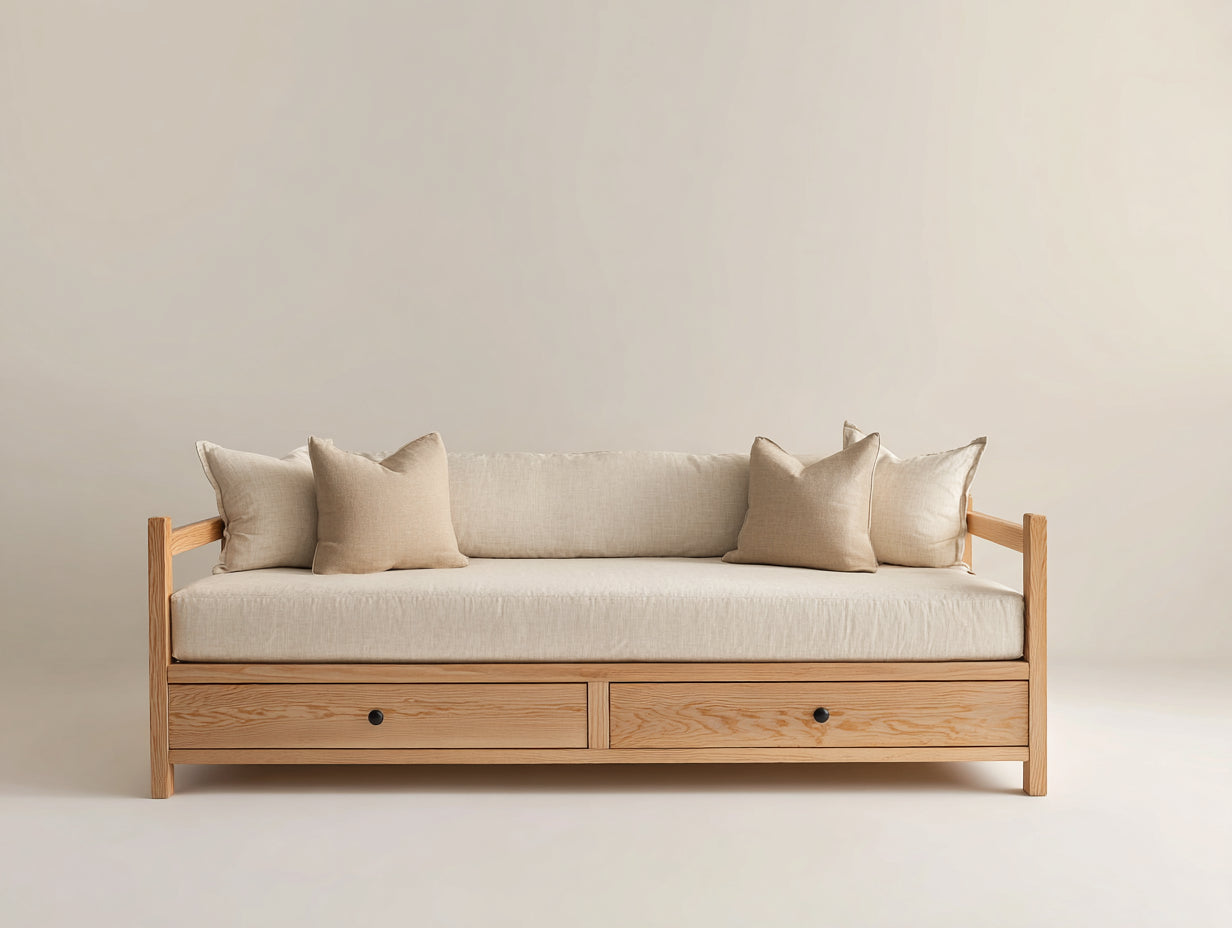 Canapé lit - bois massif-tissu - 212x92x84 cm - beige-bois naturel - scandinave