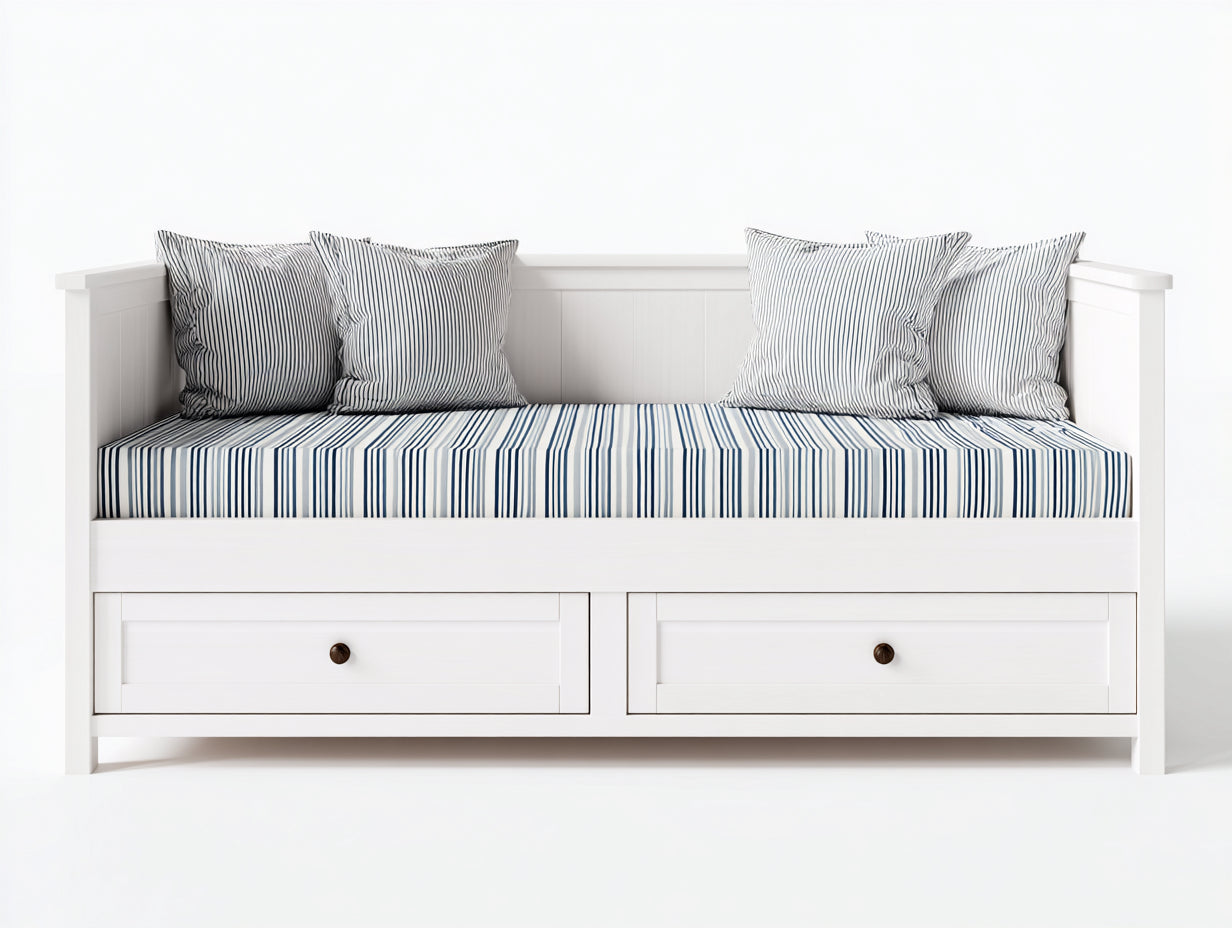 Canapé lit - bois massif-tissu - 208x92x84 cm - blanc-bleu - côtier