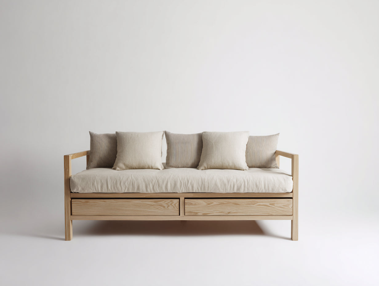 Canapé lit - bois massif-tissu - 198x88x78 cm - beige-bois naturel - scandinave