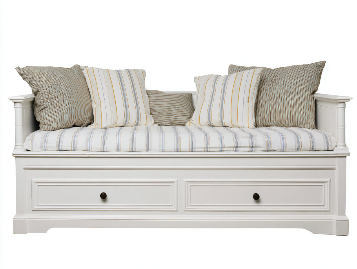 Canapé lit - bois massif-tissu - 222x95x89 cm - blanc-beige - classique