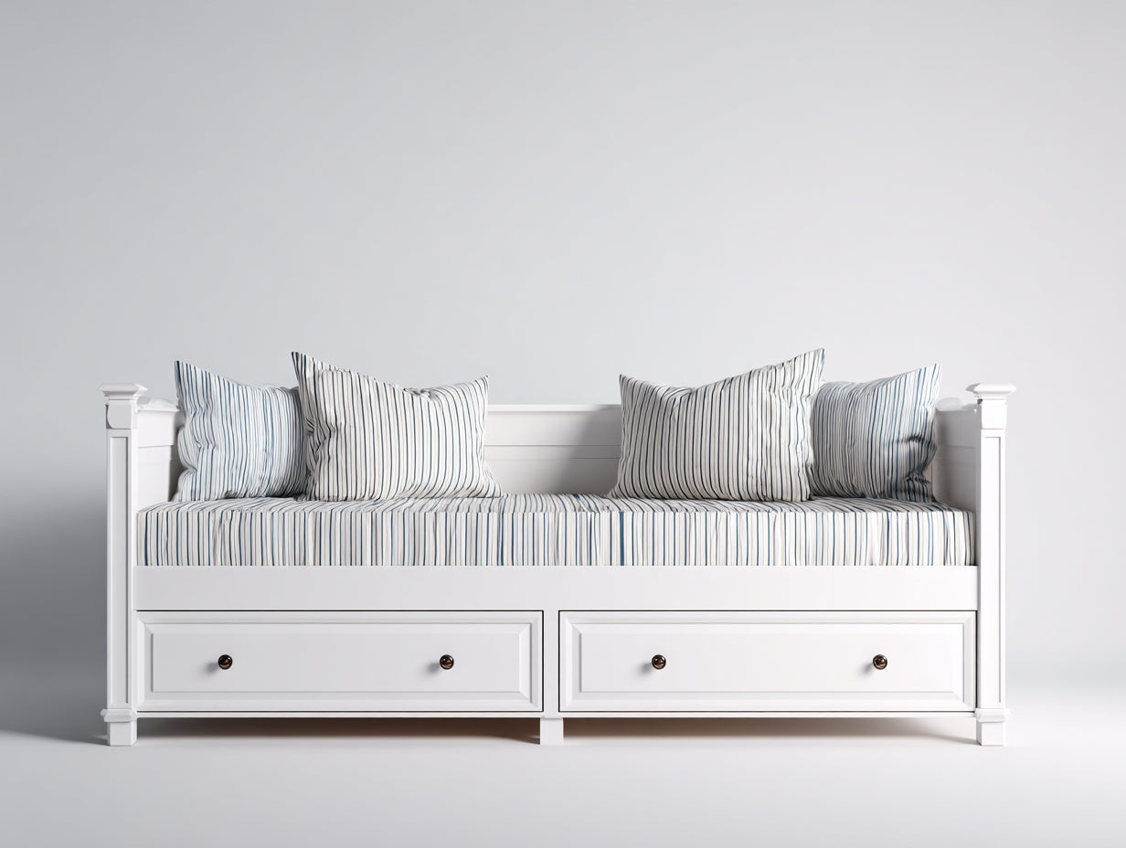 Canapé lit - bois massif-tissu - 216x93x88 cm - blanc-bleu - classique